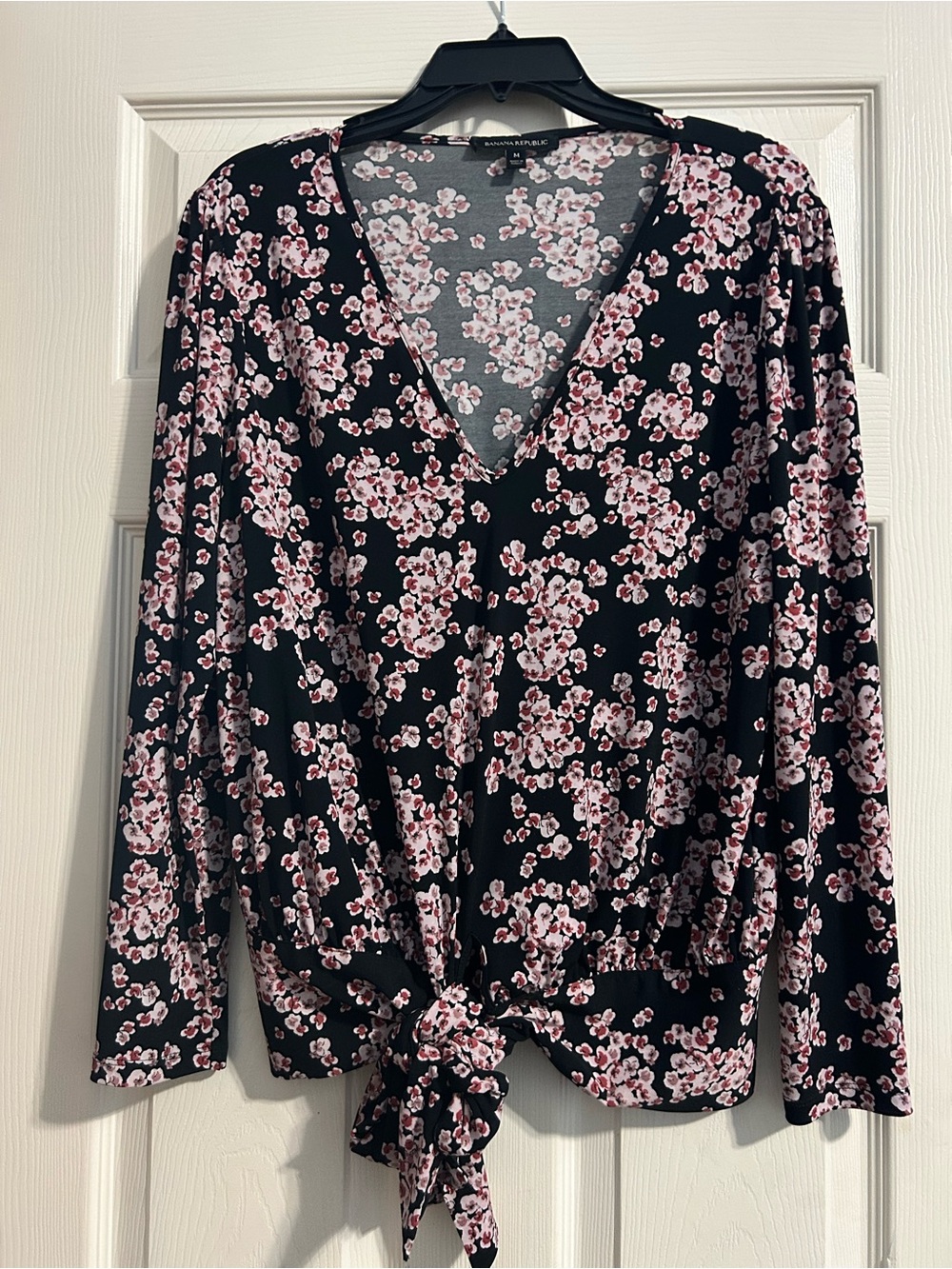 Banana Republic Black Blouse with Pink Floral Tie-Front V-Neck
